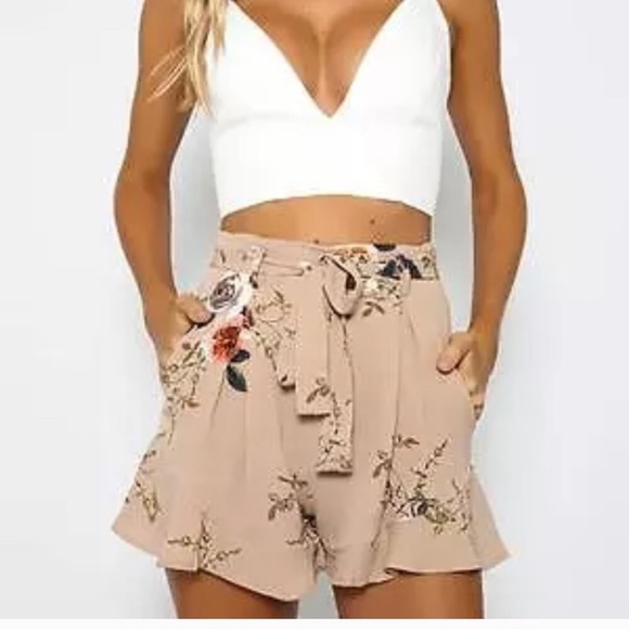 Pants - LAST ONE! Beige Floral Ruffle Hem Summer Shorts